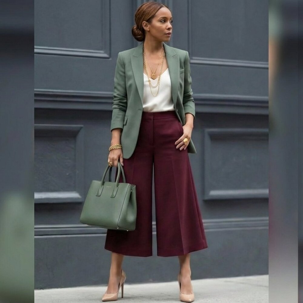 Burgundy Pleated Culottes Pants | Wide-Leg Cropped Trousers, Zip Fly
